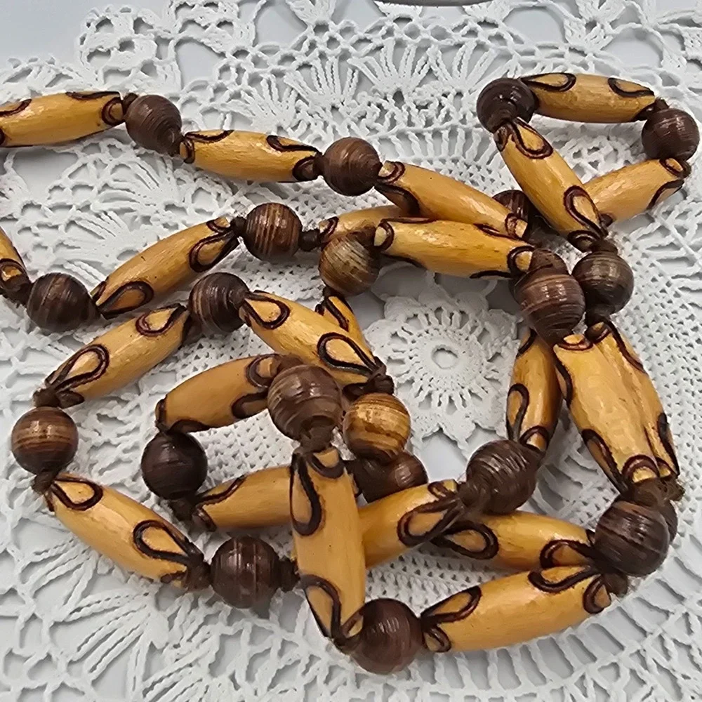 Vintage 90s Brown Wood Chunky Bead Necklace Earthy Statement Fashion Jewelry